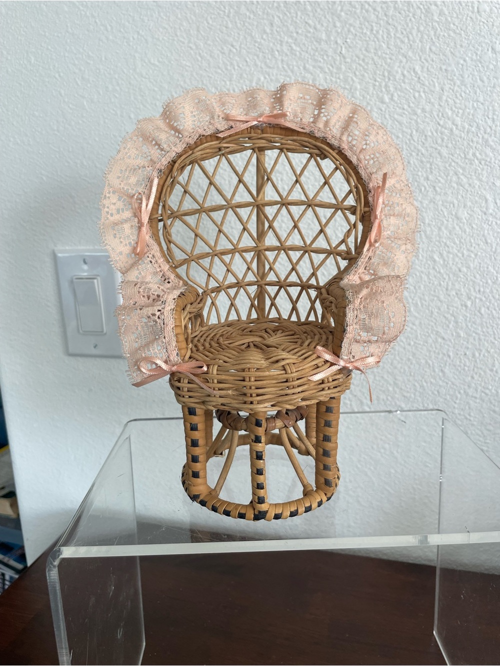 Wicker Doll Chair with Pink Lace Bonnet